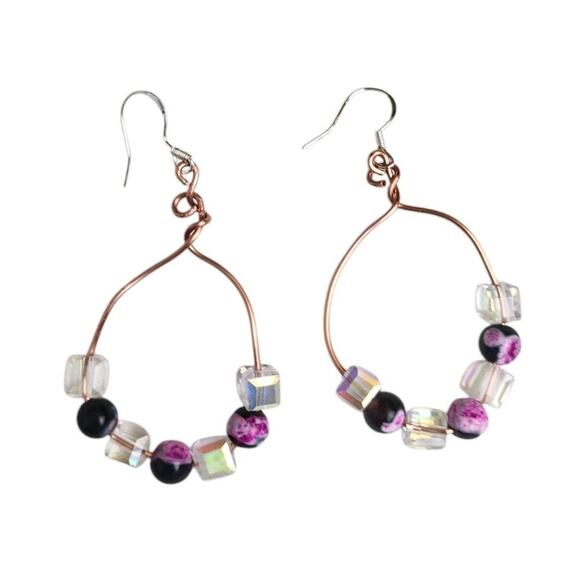 Natural Stone Rose Red Fire Agate Cooper Crystal Hoop Earring Beads Crystals - Picture 2 of 4